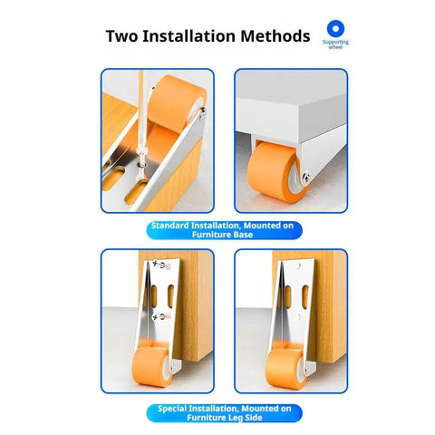 Two installation methods for Beyond Tough Vertical Track Rollers For Sliding Doors, showcasing mounting on furniture base and leg side.