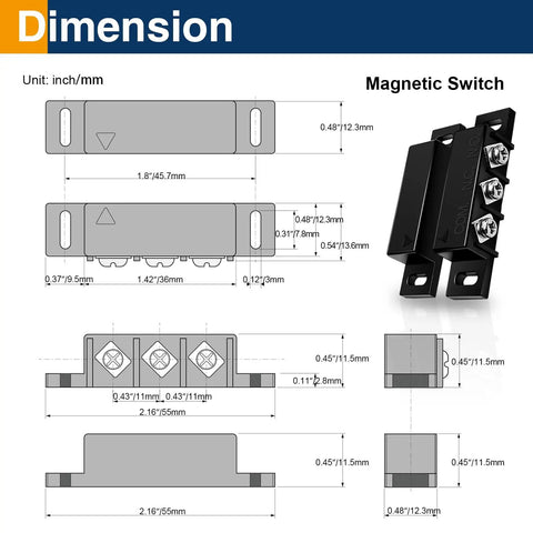 Dimensions and diagram of Two Pack Magnetic Reed Door Window Sensor NC And NO Modes Surface Mount Alarm Sensor Kit.