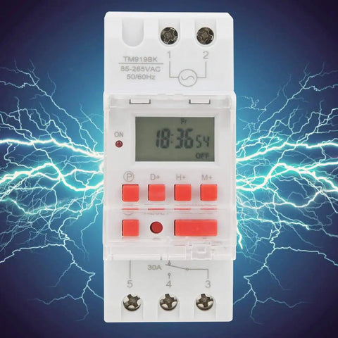 Front view of Programmable Digital Timer Switch 85 To 265V 30A with LCD Countdown Display and LED Indicators, 35mm DIN Rail Mount.
