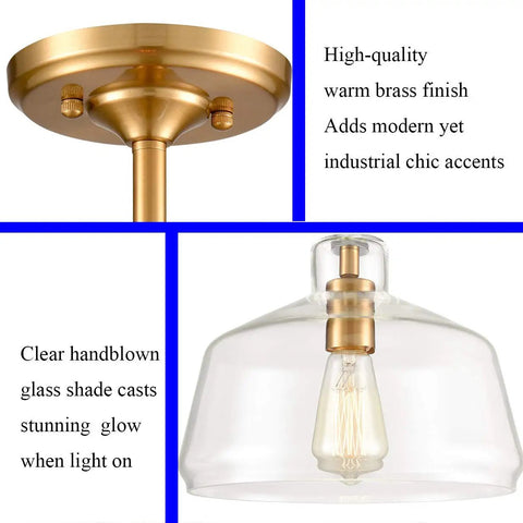 Modern Brass Ceiling Light Sleek Semi Flush Mount With Glass Shade Gold Finish, canopy and handblown glass detail