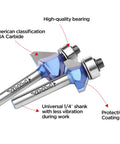 Two MNA 45° chamfer router bits with 1/4 inch shank, carbide blades and blue-coated bodies