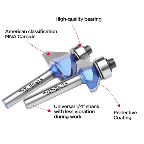 Two MNA 45° chamfer router bits with 1/4 inch shank, carbide blades and blue-coated bodies