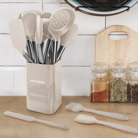 33 Piece Silicone Kitchen Utensil Set for Nonstick Pans with Stainless Steel Tools in holder on kitchen counter