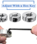 Hand adjusting Drill Bit Depth Stop Collar Pro Grade Kit with hex key, showing 3/8 inch carbon steel split ring clamping shafts.
