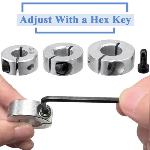 Hand adjusting Drill Bit Depth Stop Collar Pro Grade Kit with hex key, showing 3/8 inch carbon steel split ring clamping shafts.