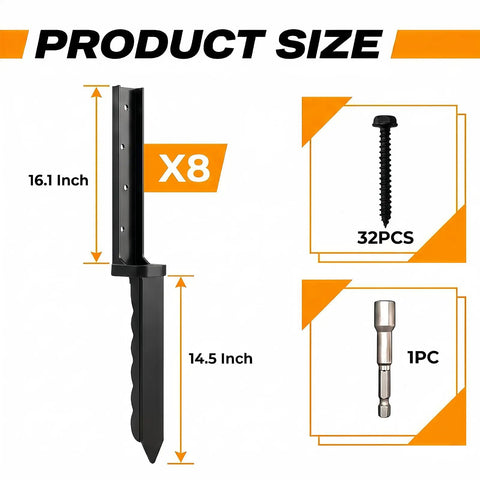 Heavy Duty Fence Post Repair Kit Featuring Rock Solid Steel Anchors; 16.1 inch and 14.5 inch L shaped stakes for secure fence installation.