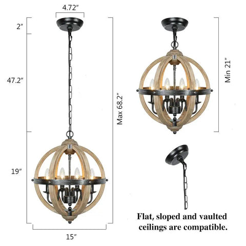 Orb Four Light Farmhouse Chandelier In Stardust Brown Finish With Handmade Rustic Wood Accents For Kitchen Island Dining Room Living Room And Foyer Cozy Rustic Vibe Warm Glow shown with dimensions.