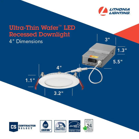 Ultra Slim 4 Inch LED Recessed Wafer Downlight With Color Temperature Switchable 3000K 4000K 5000K 90CRI Canless Matte White Trim