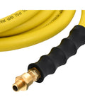 Oil Resistant Rubber Air Hose 3/8in x 50ft With 3/8in To 1/4in Reducer, 300 PSI Max, Yellow, with four finger bend restrictor close-up