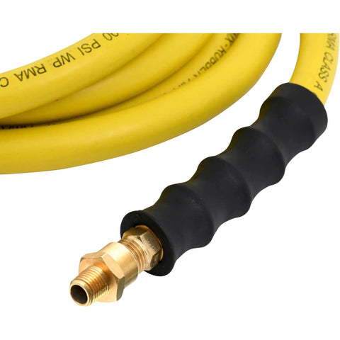 Oil Resistant Rubber Air Hose 3/8in x 50ft With 3/8in To 1/4in Reducer, 300 PSI Max, Yellow, with four finger bend restrictor close-up