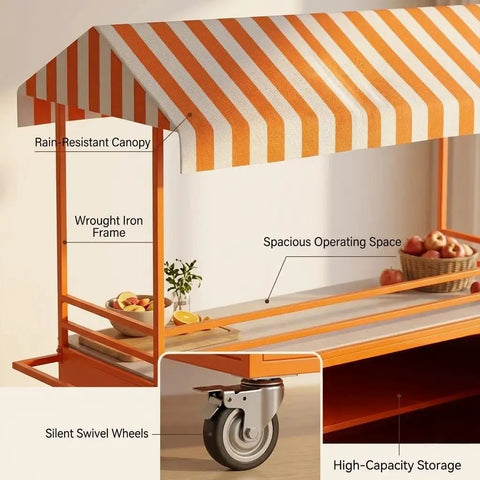 Dead On Mobile Food Cart With Retro Striped Awning And Slick Rolling Wheels For Street Vendors Portable Snack Stand With Lockable Storage Ready For Sick Outdoor Catering Runs features a rain-resistant canopy and spacious operating space.
