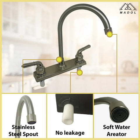 8 Inch Center Set Kitchen Faucet With Tall High Rise Spout Chrome POM Body And Stainless Steel Finish Two Handle Design ADA Compliant