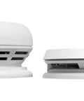Comparison of standard alarm and PRC710 Smoke And Carbon Monoxide Alarm With Built In 10 Year Battery For Real World Home Safety Electrochemical CO Sensor And Photoelectric Smoke Sensor For Quick Reliable Detections White showing slim design.