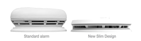 Comparison of standard alarm and PRC710 Smoke And Carbon Monoxide Alarm With Built In 10 Year Battery For Real World Home Safety Electrochemical CO Sensor And Photoelectric Smoke Sensor For Quick Reliable Detections White showing slim design.