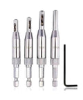 Heavy Duty Self Centering Hinge Drill Bit Set For Cabinet Hardware Installation HSS Steel Woodworking Kit in silver finish.