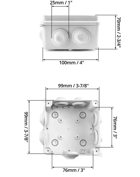 Weatherproof IP65 Junction Box 4 By 4 By 2.8 Inches ABS Plastic 2 Pack Surface Mount Enclosures with measurements