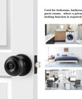 Matte Black Interior Door Knob Set With Round Ball Privacy Handle For Bedroom And Bathroom on white door with usage examples