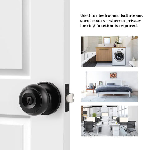 Matte Black Interior Door Knob Set With Round Ball Privacy Handle For Bedroom And Bathroom on white door with usage examples