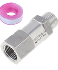 Front view of a 304 stainless steel check valve with 3/8 in NPT male x female threads and pink PTFE tape spool