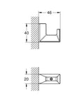 Technical drawing of Selection Cube Robe Hook in Starlight Chrome, showing dimensions and mount design for easy installation.