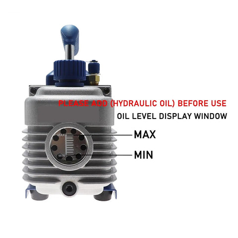 Built Tough Single Stage Rotary Vane Vacuum Pump showing oil level display and max/min indicators for AC techs.