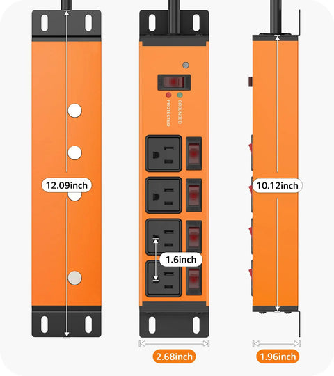 Magnetic Heavy Duty Power Strip With Four Outlets And 20 Amp Individual Switches And Master Switch 12 Gauge Extension