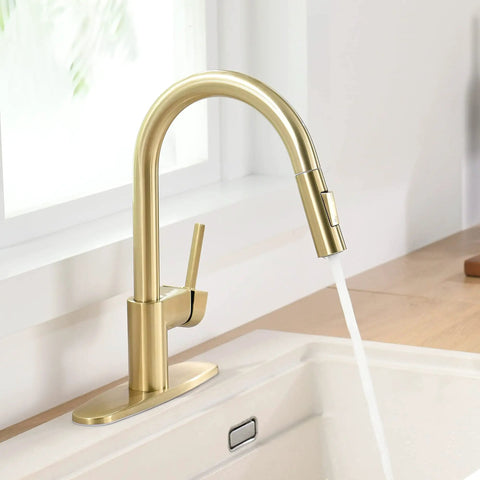 Gold Brushed Kitchen Faucet With Pull Down Sprayer Single Handle 360 Degree Swivel Low Arc Design 1 And 3 Hole Compatible