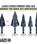 Heavy Duty Step Drill Bit With Quick Release Spiral Flutes And Hex Shank, laser-etched markings for size identification.