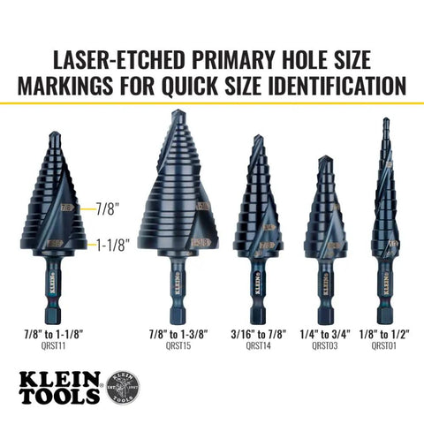 Heavy Duty Step Drill Bit With Quick Release Spiral Flutes And Hex Shank, laser-etched markings for size identification.