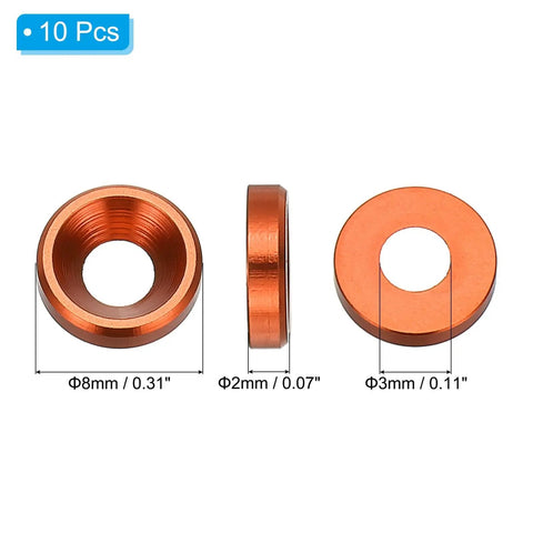 M3 Finishing Countersunk Washers, 10 Pack, Anodized Aluminum Oxide Alloy, Orange Finish, RC FPV PC Mechanical Accessories
