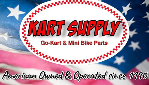 Go-Kart Supply logo on American flag background showcasing parts for go-karts and mini bikes.