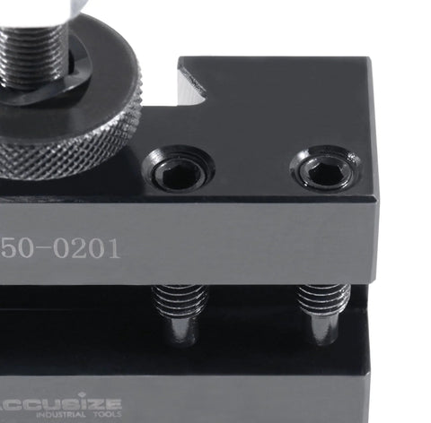 Accusize BXA turning and facing tool holder, close-up view for 5/8 in turning tools; gray metal block with knurled knob