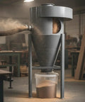 Heavy Duty Industrial Dust Collector System For Metal Powder Removal In Workshops And Commercial Shops With Weatherproof Gray Housing For Reliable Clean Air Every Time with gray funnel and container.