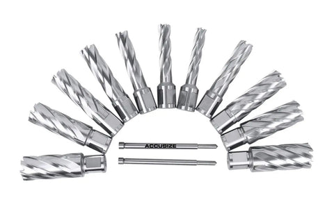 HSS Annular Cutter Set 13 Pc With 2 Inch Cutting Depth Weldon Shank Includes 11 Cutters And 2 Pilot Pins For Fast Steel Hole Cutting From 7/16 Inch To 1-1/16 Inch Pro Grade