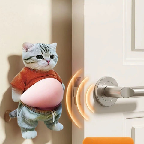 2 Pack Cat Themed Door Stopper Wall Protectors With Adhesive Soft Rubber Base Door Knob Shield For Wall Damage Prevention Easy Install Cute Cartoon Cat Design showing a cat design stopping a door