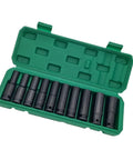 10 Piece Heavy Duty Impact Socket Set With Hex Heads Made From Premium Chrome Steel For Electric Wrenches And Pneumatic Drills In Auto Repair Or Home Jobs, green case