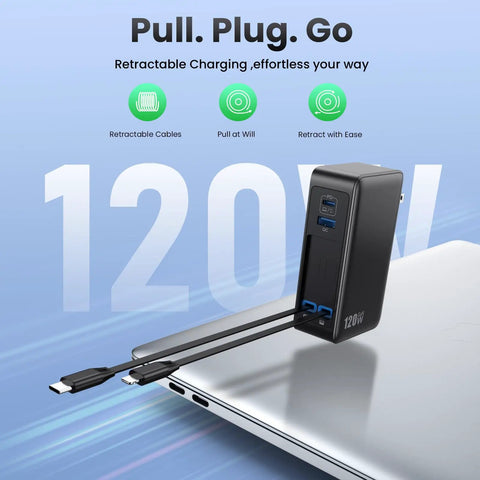 GaN IV 120W 4 In 1 Fast Charger with retractable USB-C and Lightning cables on a laptop