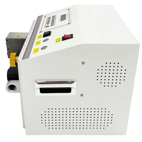 Heavy Duty Automatic Tube Cutter With Fast Stepper Motor And Dependable Belt Feed shows side view, control panel, and plug in design.
