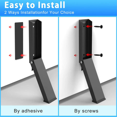 Heavy Duty Kick Down Door Stopper With Zero Drill Mount installation options using adhesive or screws for secure fit.