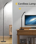 Cordless Tall LED Floor Lamp That Is Totally Lit With 42 LEDs, 3 Color Temperatures, shown in living area and near desktop.