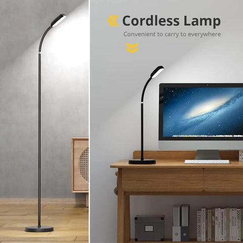 Cordless Tall LED Floor Lamp That Is Totally Lit With 42 LEDs, 3 Color Temperatures, shown in living area and near desktop.