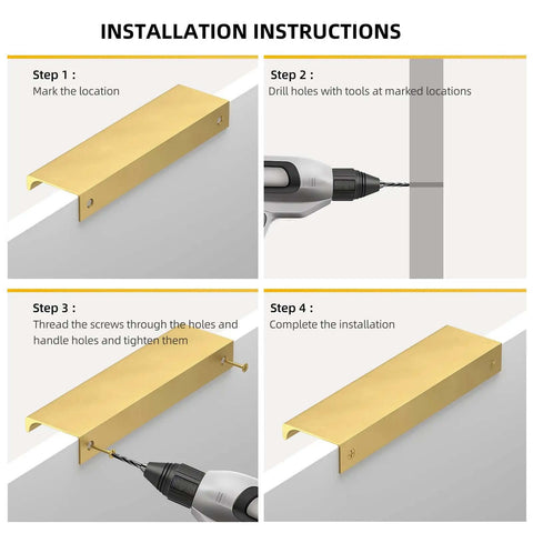 Installation instructions for Heavy Duty Gold Finger Edge Pulls 3 Inch Cabinet Handles showing steps with tools and hardware.