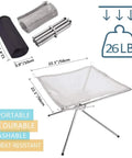 Portable Camping Fire Pit With Collapsible Stainless Steel Mesh, 22x22x17 in, 26 lb max load, shown with bag and components layout