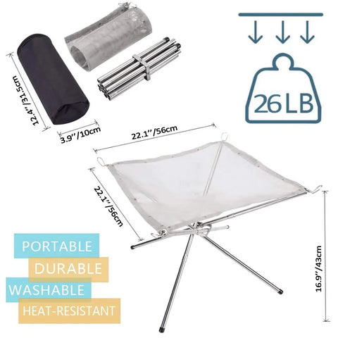 Portable Camping Fire Pit With Collapsible Stainless Steel Mesh, 22x22x17 in, 26 lb max load, shown with bag and components layout