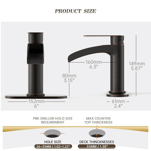 Oil Rubbed Bronze Waterfall Bathroom Sink Faucet With Single Handle 6 Inch Deck Plate Metal Pop Up Drain Assembly CUPC Water Supply Lines product dimensions