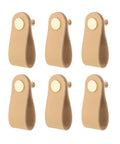Six Pack Leather Drawer Pulls For Dresser And Cabinet Soft Leather Knobs Khaki Color With Easy Screw Installation Displayed