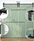 Heavy Duty Bi Folding Barn Door Hardware Kit For Double Doors with 80-inch Matte Black track, shown installed on green doors