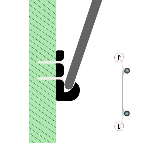 Vertical Skateboard Holder For Wall Display And Storage, 1 Pair Wall Mount Hangers diagram showing board held by black deck brackets.