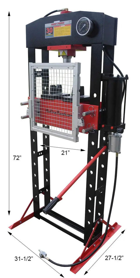 Heavy Duty 30 Ton Air Hydraulic Shop Press With Rock Solid Adjustable Carriage and No Sweat Pressure Dial for U Joint Service.