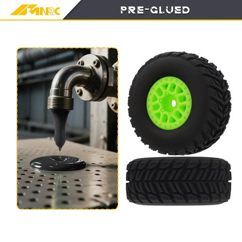 Pre Glued Wheel And Tire Set For Arrma One Sixteenth Mojave Grom RC Car Upgrade Green Rim Rubber With Internal Foam Durable Plastic Rim Easy Install Ready To Run Desert Truck Ready Performance, green rim tire pair